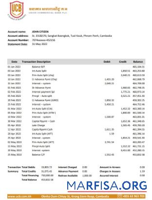 Printable Cambodia Union Commercial bank statement excel sample